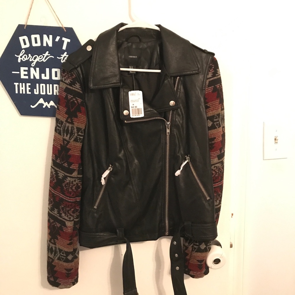 Tribal Print Leather Moto Jacket